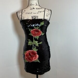 Forever 21 Sequin Bodycon Mini Dress Black Floral Appliqué Strapless Look Size S